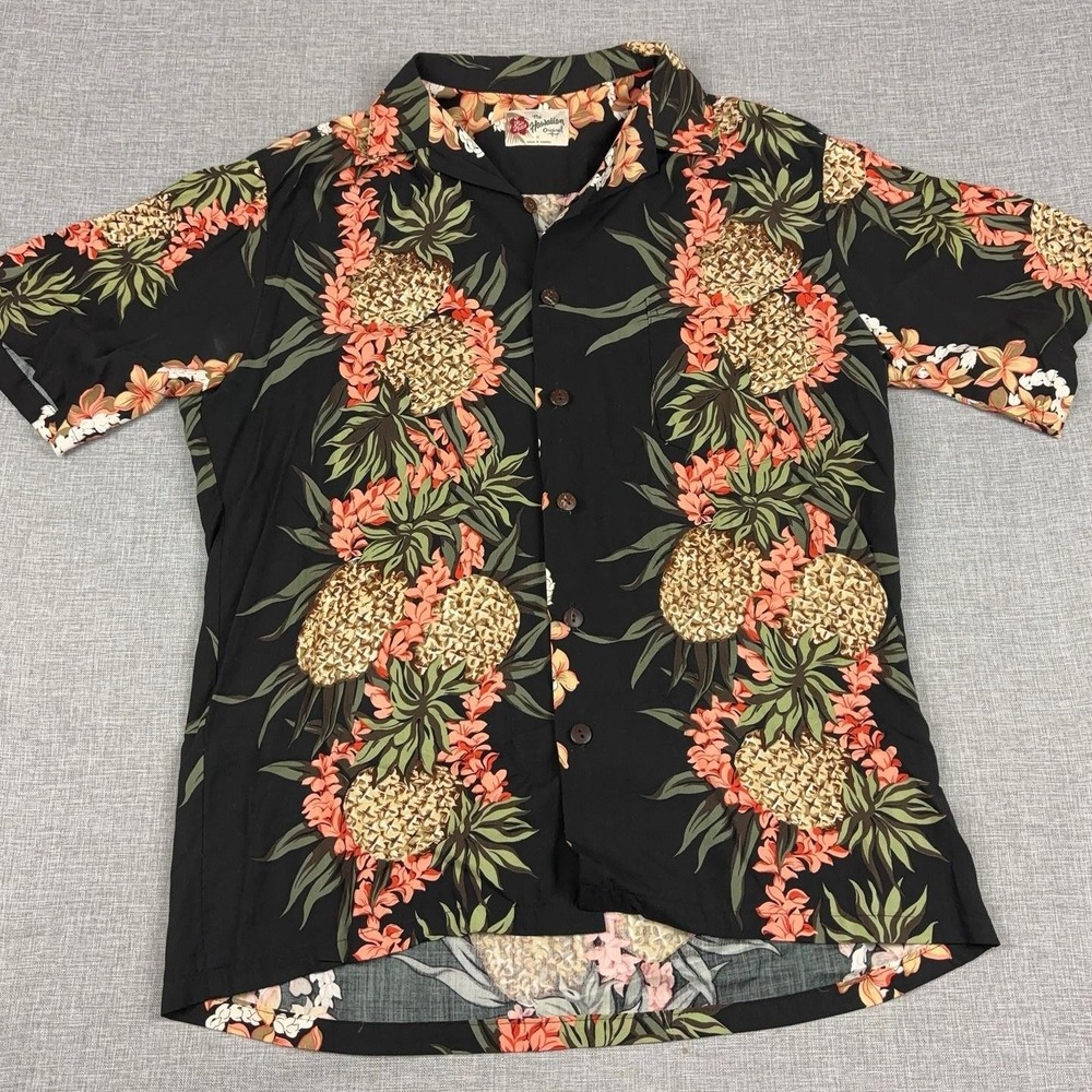 Hilo Hattie Shirt Mens Medium Black Pineapple Hawaiian Short Sleeve Button Up